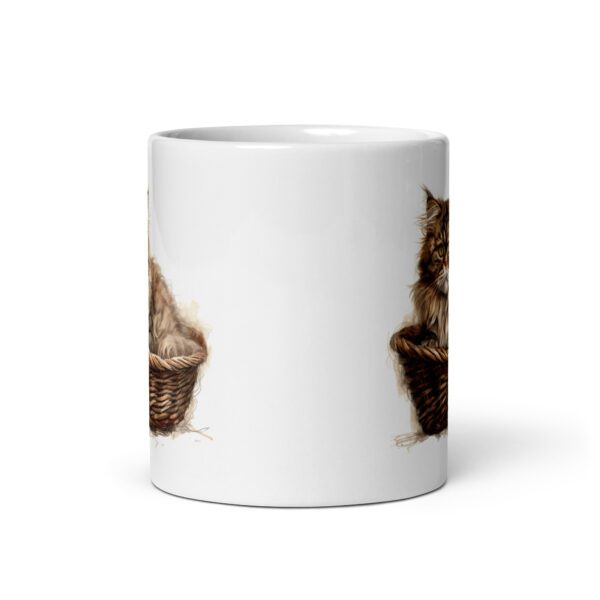 Taza de cerámica de la Serie Pinceladas Gatunas, Diseño 010, mostrando gatos en poses adorables dentro de cestas de mimbre, ideal para amantes de los felinos