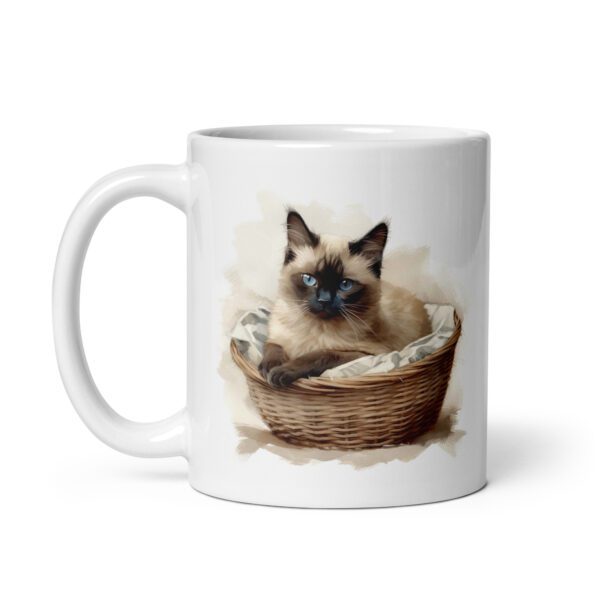 Taza de cerámica de la Serie Pinceladas Gatunas, Diseño 004, mostrando gatos en poses adorables dentro de cestas de mimbre, ideal para amantes de los felinos