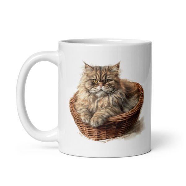 Taza de cerámica de la Serie Pinceladas Gatunas, Diseño 009, mostrando gatos en poses adorables dentro de cestas de mimbre, ideal para amantes de los felinos