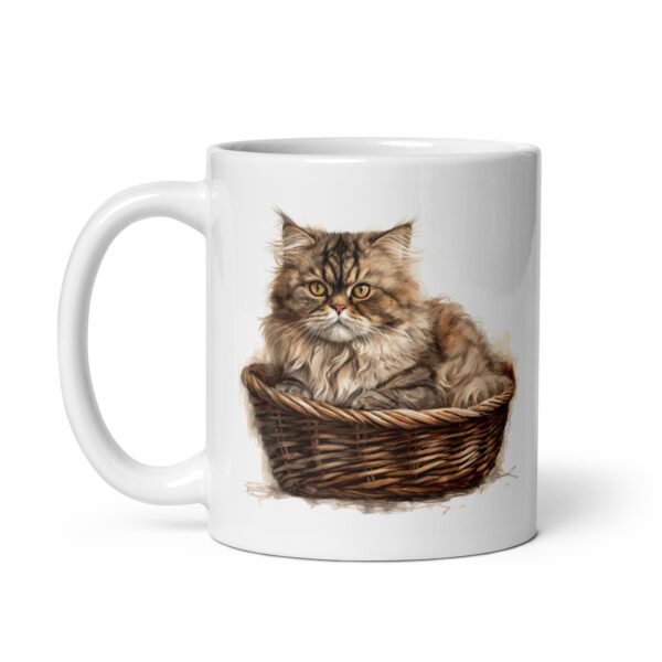 Taza de cerámica de la Serie Pinceladas Gatunas, Diseño 010, mostrando gatos en poses adorables dentro de cestas de mimbre, ideal para amantes de los felinos