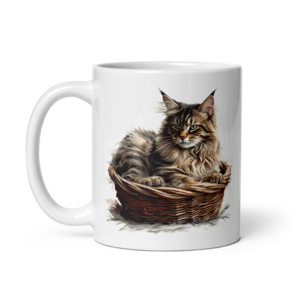 Taza de cerámica de la Serie Pinceladas Gatunas, Diseño 012, mostrando gatos en poses adorables dentro de cestas de mimbre, ideal para amantes de los felinos