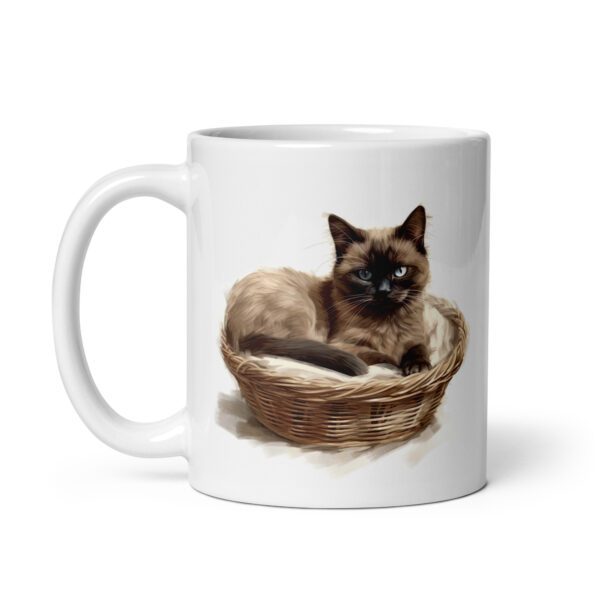 Taza de cerámica de la Serie Pinceladas Gatunas, Diseño 014, mostrando gatos en poses adorables dentro de cestas de mimbre, ideal para amantes de los felinos