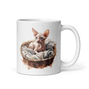 Taza de cerámica de la Serie Pinceladas Gatunas, Diseño 001, mostrando gatos en poses adorables dentro de cestas de mimbre, ideal para amantes de los felinos