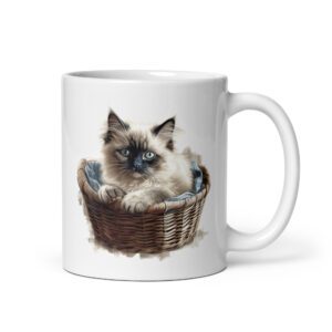 Taza de cerámica de la Serie Pinceladas Gatunas, Diseño 007, mostrando gatos en poses adorables dentro de cestas de mimbre, ideal para amantes de los felinos