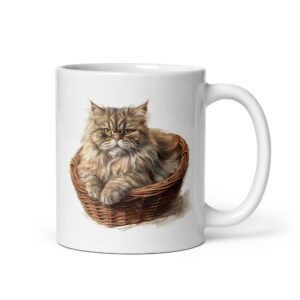 Taza de cerámica de la Serie Pinceladas Gatunas, Diseño 009, mostrando gatos en poses adorables dentro de cestas de mimbre, ideal para amantes de los felinos