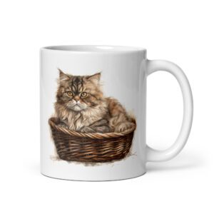 Taza de cerámica de la Serie Pinceladas Gatunas, Diseño 010, mostrando gatos en poses adorables dentro de cestas de mimbre, ideal para amantes de los felinos