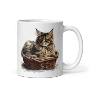 Taza de cerámica de la Serie Pinceladas Gatunas, Diseño 012, mostrando gatos en poses adorables dentro de cestas de mimbre, ideal para amantes de los felinos
