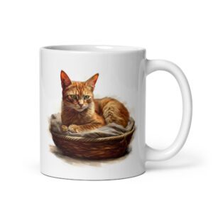 Taza de cerámica de la Serie Pinceladas Gatunas, Diseño 023, mostrando gatos en poses adorables dentro de cestas de mimbre, ideal para amantes de los felinos