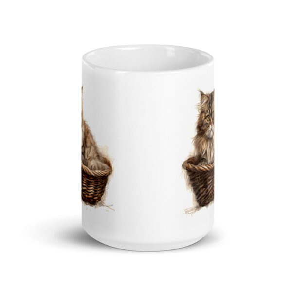 Taza de cerámica de la Serie Pinceladas Gatunas, Diseño 010, mostrando gatos en poses adorables dentro de cestas de mimbre, ideal para amantes de los felinos
