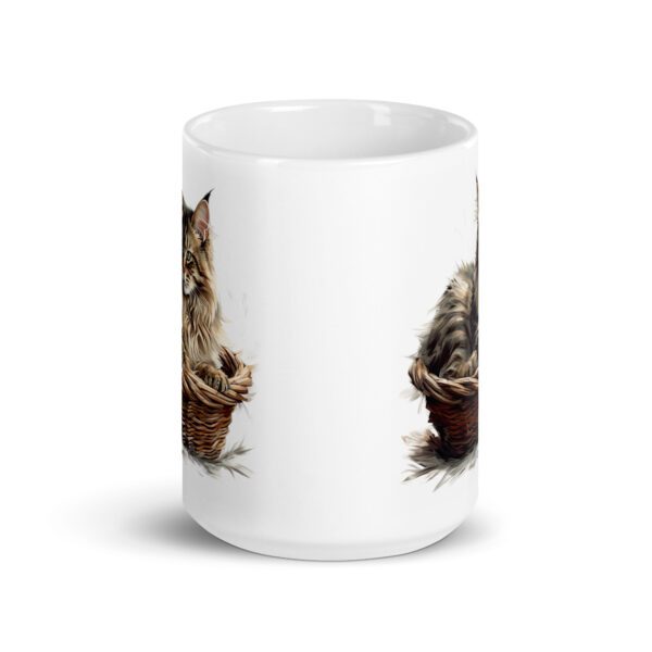 Taza de cerámica de la Serie Pinceladas Gatunas, Diseño 012, mostrando gatos en poses adorables dentro de cestas de mimbre, ideal para amantes de los felinos
