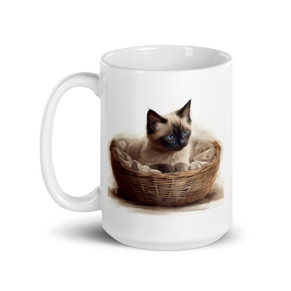 Taza de cerámica de la Serie Pinceladas Gatunas, Diseño 003, mostrando gatos en poses adorables dentro de cestas de mimbre, ideal para amantes de los felinos