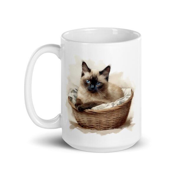 Taza de cerámica de la Serie Pinceladas Gatunas, Diseño 004, mostrando gatos en poses adorables dentro de cestas de mimbre, ideal para amantes de los felinos
