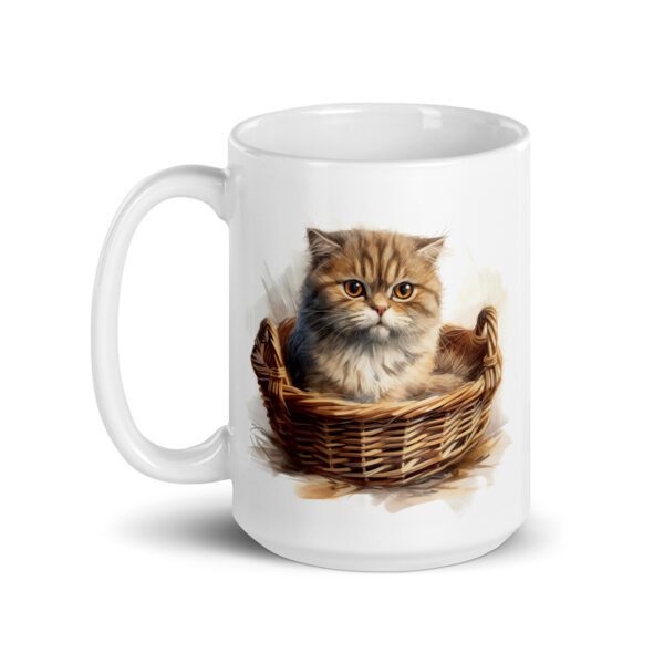 Taza de cerámica de la Serie Pinceladas Gatunas, Diseño 005, mostrando gatos en poses adorables dentro de cestas de mimbre, ideal para amantes de los felinos