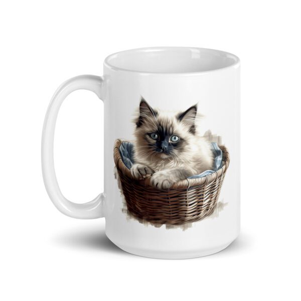 Taza de cerámica de la Serie Pinceladas Gatunas, Diseño 007, mostrando gatos en poses adorables dentro de cestas de mimbre, ideal para amantes de los felinos