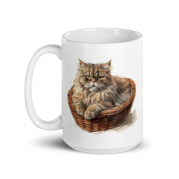 Taza de cerámica de la Serie Pinceladas Gatunas, Diseño 009, mostrando gatos en poses adorables dentro de cestas de mimbre, ideal para amantes de los felinos
