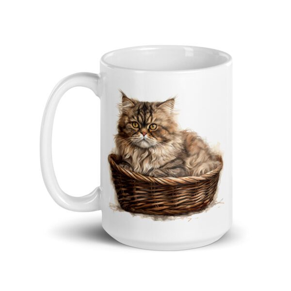 Taza de cerámica de la Serie Pinceladas Gatunas, Diseño 010, mostrando gatos en poses adorables dentro de cestas de mimbre, ideal para amantes de los felinos