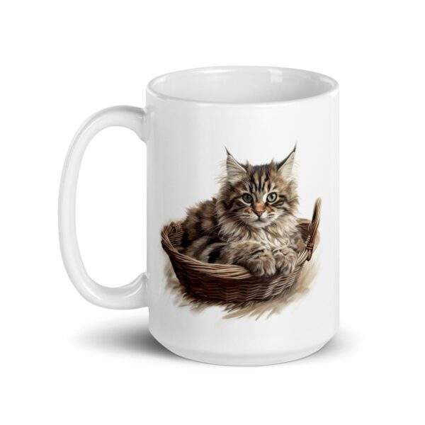 Taza de cerámica de la Serie Pinceladas Gatunas, Diseño 011, mostrando gatos en poses adorables dentro de cestas de mimbre, ideal para amantes de los felinos
