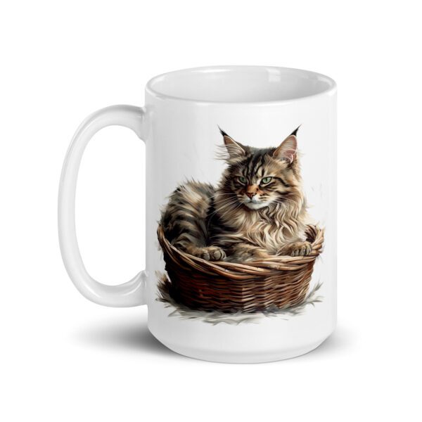 Taza de cerámica de la Serie Pinceladas Gatunas, Diseño 012, mostrando gatos en poses adorables dentro de cestas de mimbre, ideal para amantes de los felinos
