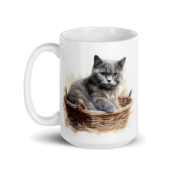 Taza de cerámica de la Serie Pinceladas Gatunas, Diseño 016, mostrando gatos en poses adorables dentro de cestas de mimbre, ideal para amantes de los felinos
