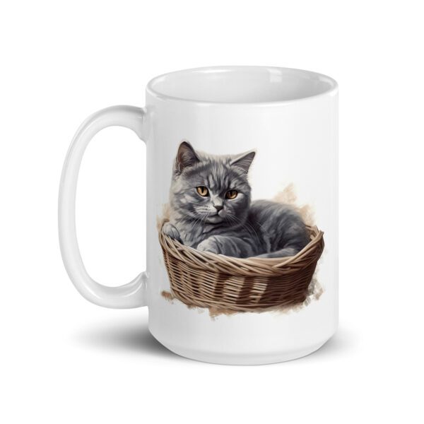 Taza de cerámica de la Serie Pinceladas Gatunas, Diseño 022, mostrando gatos en poses adorables dentro de cestas de mimbre, ideal para amantes de los felinos
