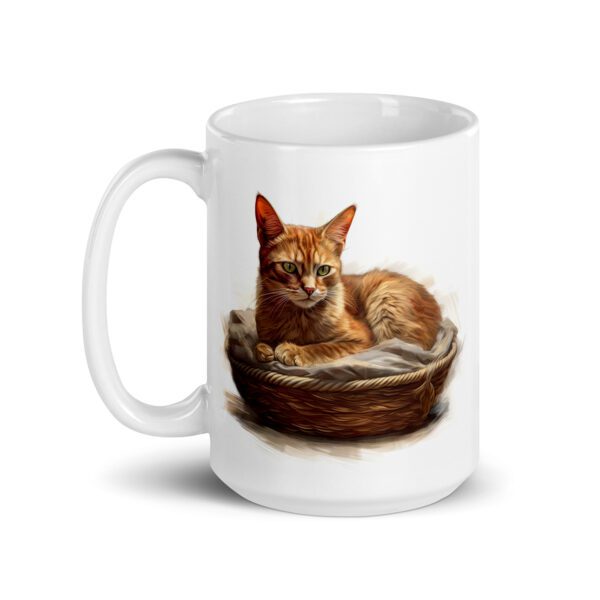 Taza de cerámica de la Serie Pinceladas Gatunas, Diseño 023, mostrando gatos en poses adorables dentro de cestas de mimbre, ideal para amantes de los felinos