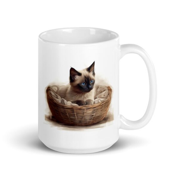 Taza de cerámica de la Serie Pinceladas Gatunas, Diseño 003, mostrando gatos en poses adorables dentro de cestas de mimbre, ideal para amantes de los felinos