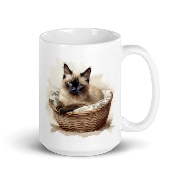 Taza de cerámica de la Serie Pinceladas Gatunas, Diseño 004, mostrando gatos en poses adorables dentro de cestas de mimbre, ideal para amantes de los felinos