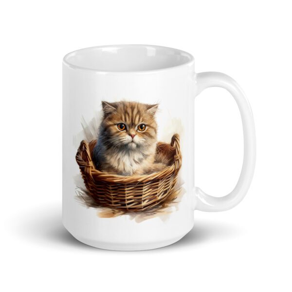 Taza de cerámica de la Serie Pinceladas Gatunas, Diseño 005, mostrando gatos en poses adorables dentro de cestas de mimbre, ideal para amantes de los felinos