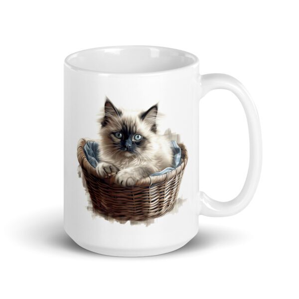 Taza de cerámica de la Serie Pinceladas Gatunas, Diseño 007, mostrando gatos en poses adorables dentro de cestas de mimbre, ideal para amantes de los felinos