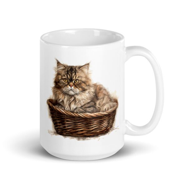 Taza de cerámica de la Serie Pinceladas Gatunas, Diseño 010, mostrando gatos en poses adorables dentro de cestas de mimbre, ideal para amantes de los felinos