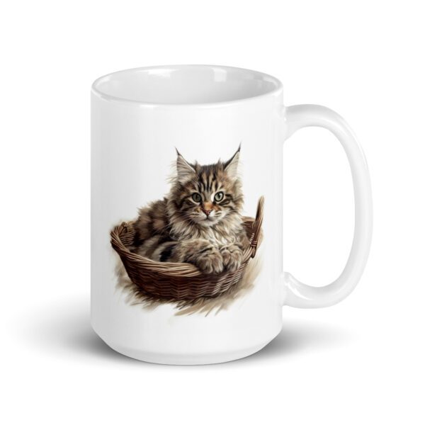 Taza de cerámica de la Serie Pinceladas Gatunas, Diseño 011, mostrando gatos en poses adorables dentro de cestas de mimbre, ideal para amantes de los felinos