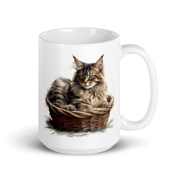 Taza de cerámica de la Serie Pinceladas Gatunas, Diseño 012, mostrando gatos en poses adorables dentro de cestas de mimbre, ideal para amantes de los felinos
