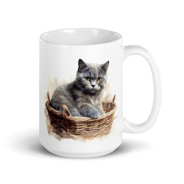 Taza de cerámica de la Serie Pinceladas Gatunas, Diseño 016, mostrando gatos en poses adorables dentro de cestas de mimbre, ideal para amantes de los felinos