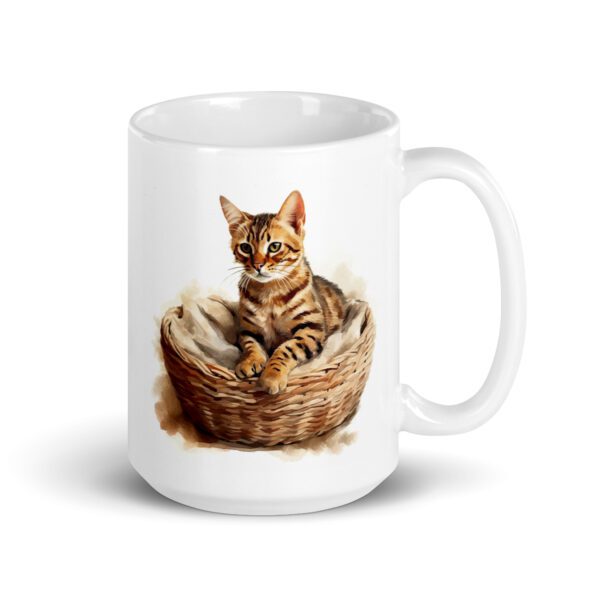 Taza de cerámica de la Serie Pinceladas Gatunas, Diseño 020, mostrando gatos en poses adorables dentro de cestas de mimbre, ideal para amantes de los felinos