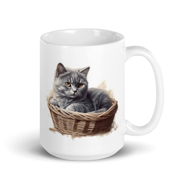 Taza de cerámica de la Serie Pinceladas Gatunas, Diseño 022, mostrando gatos en poses adorables dentro de cestas de mimbre, ideal para amantes de los felinos